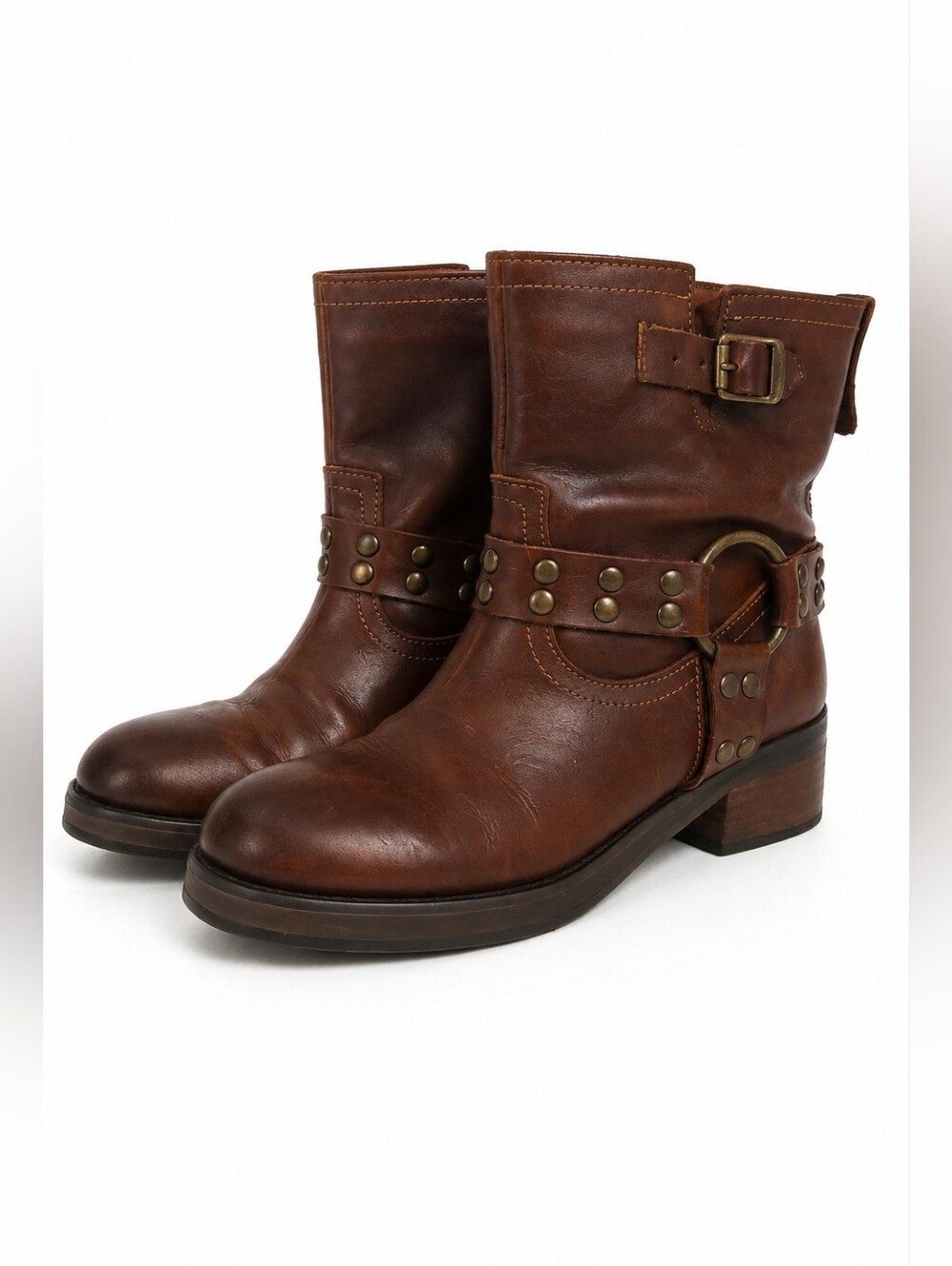 Dingo Anarchy Genuine Leather Harness Boots | Saddle Brown | Brass Studs | 8